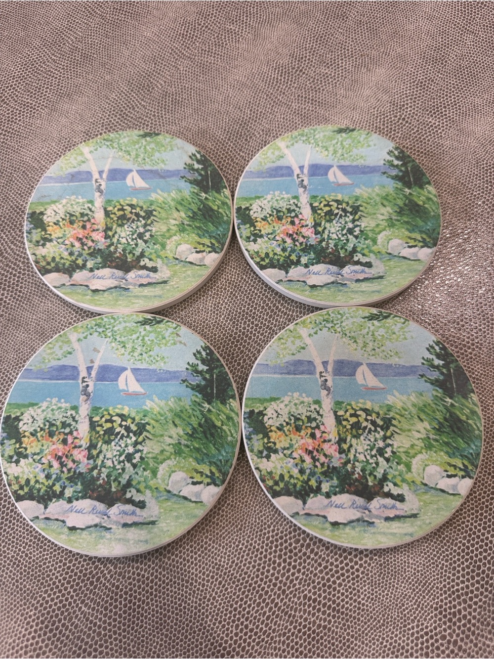 Scenic signed Coastal Floral Round Stone Coasters - Set of 4